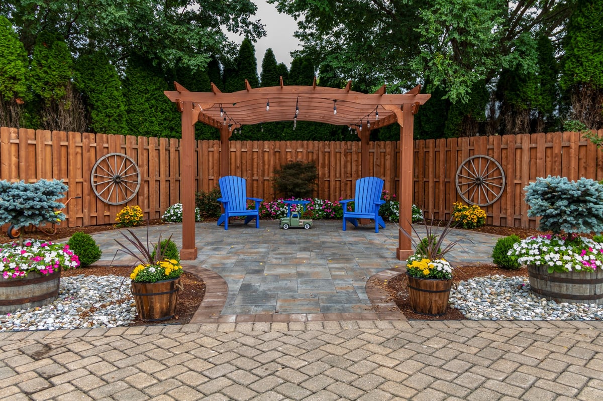 Beautiful stamped concrete patio with brick pattern