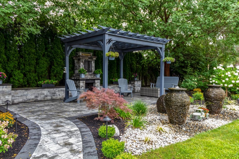 Luxury backyard oasis with pergola and outdoor fireplace