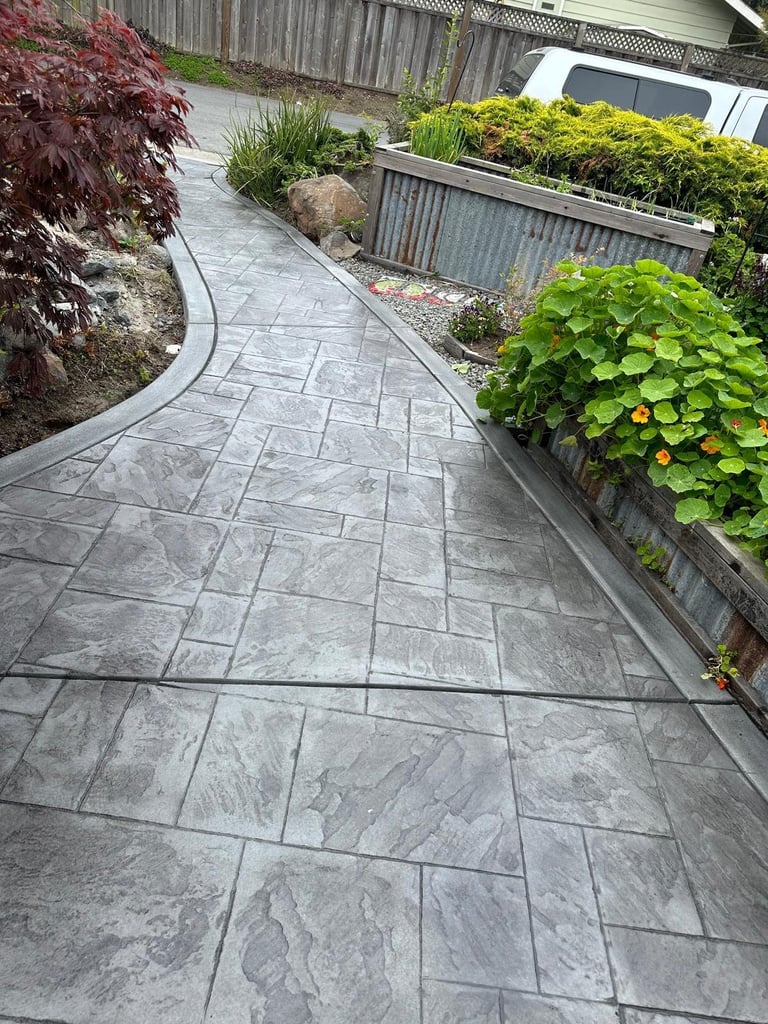 Curved gray paved pathway in a residential garden with planted borders containing ornamental plants and shrubs on both sides